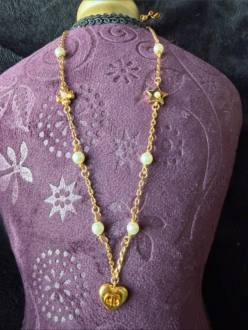 Gold-Tone Heart Pendant Necklace with Pearled Chain